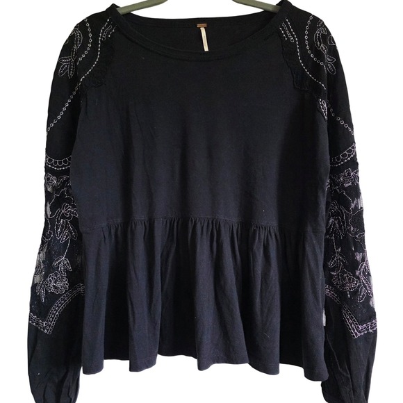 Free People Black Long Sleeve Top with Lace Detail Peplum Blouse Size Small - Picture 1 of 7